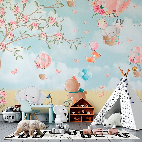 Papel de Parede Infantil Flores Rosas e Animais