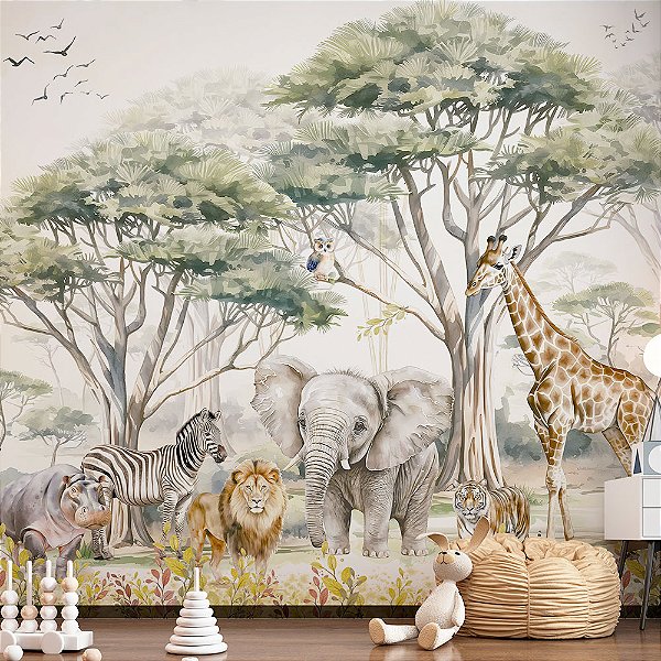 Papel de Parede Infantil Safari na Selva aquarela