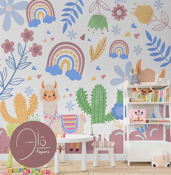 Papel de Parede infantil flores e folhas arco iris