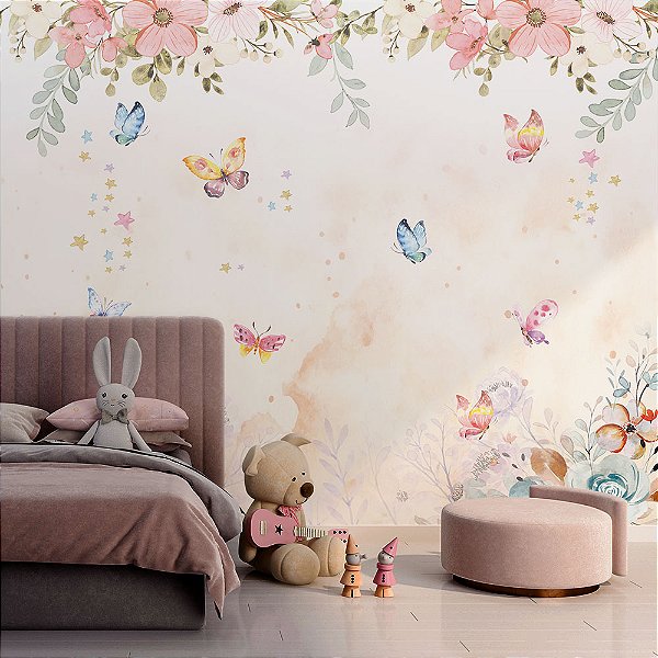 Papel de Parede infantil rama de flores e borboletas em aquarela