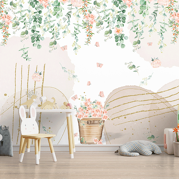 Papel de Parede infantil rama de flores e borboletas em aquarela 1