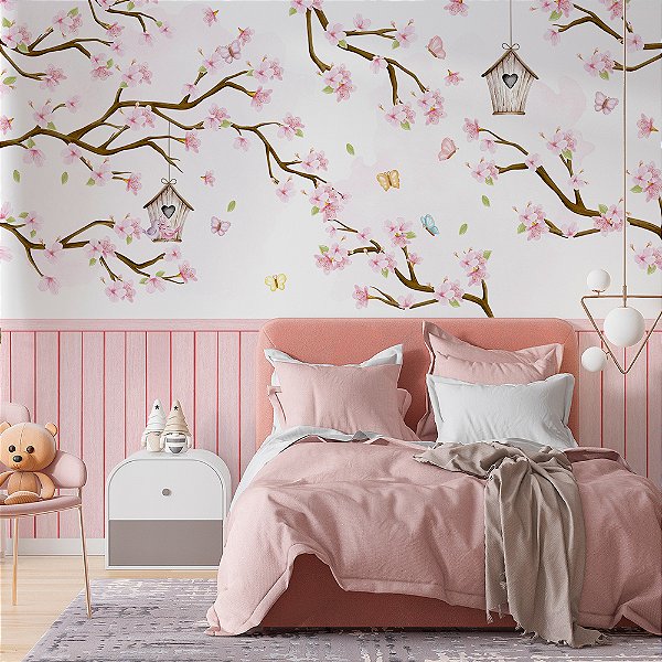 Papel de Parede infantil flores e árvores borboletas encantadas1
