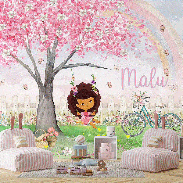 Papel de Parede Jardim encantado Infantil menina no balanço