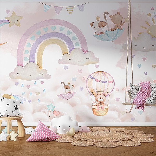 Papel de Parede  boho nuvens em aquarela chuva de benção com animais