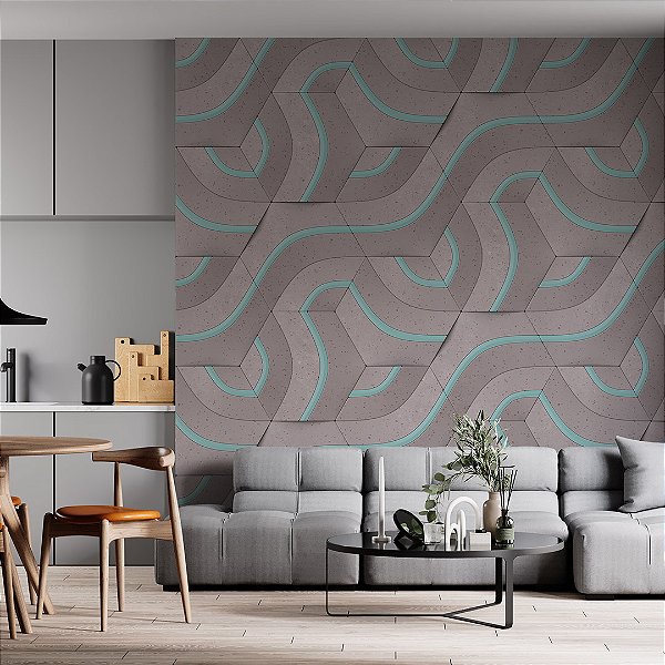 Papel de parede 3D geométrico onda rosa e azul