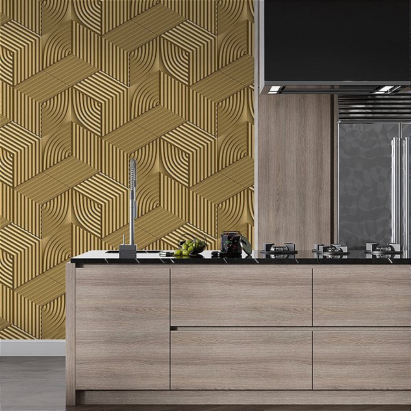 Papel de parede 3D geométrico cubos dourado