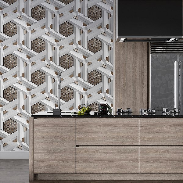 Papel de parede 3D geométrico colméia branco detalhe dourado