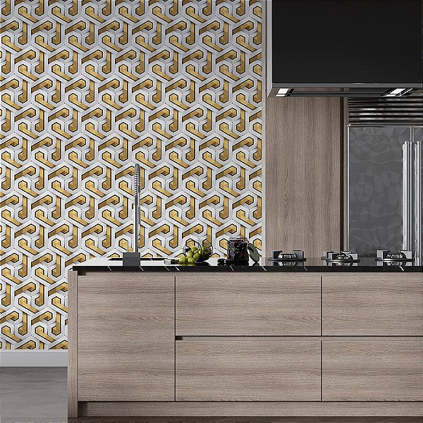 Papel de parede 3D geométrico abstrato branco detalhe dourado e preto