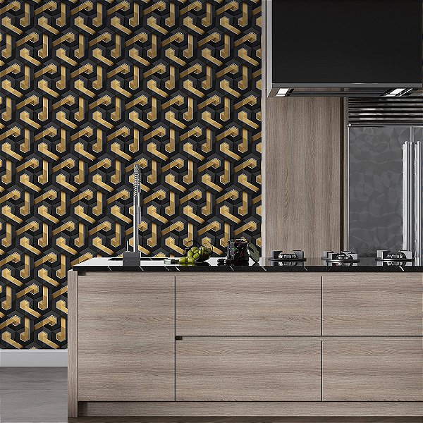 Papel de parede 3D geométrico abstrato preto detalhe dourado