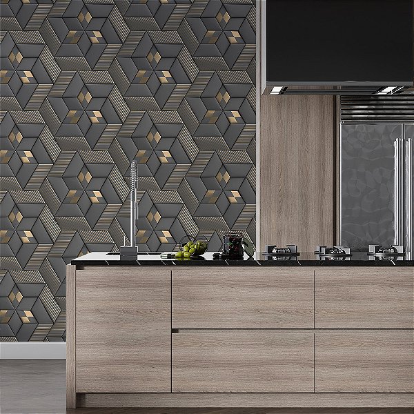 Papel de parede 3D geométrico cata-vento cinza detalhe dourado