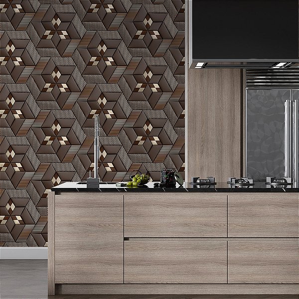 Papel de parede 3D geométrico catavento marrom detalhe dourado