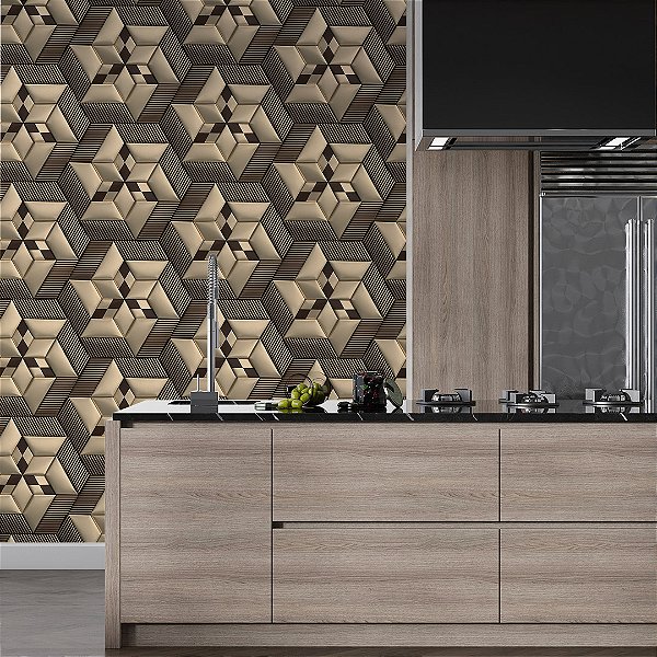 Papel de parede 3D geométrico catavento marrom e dourado