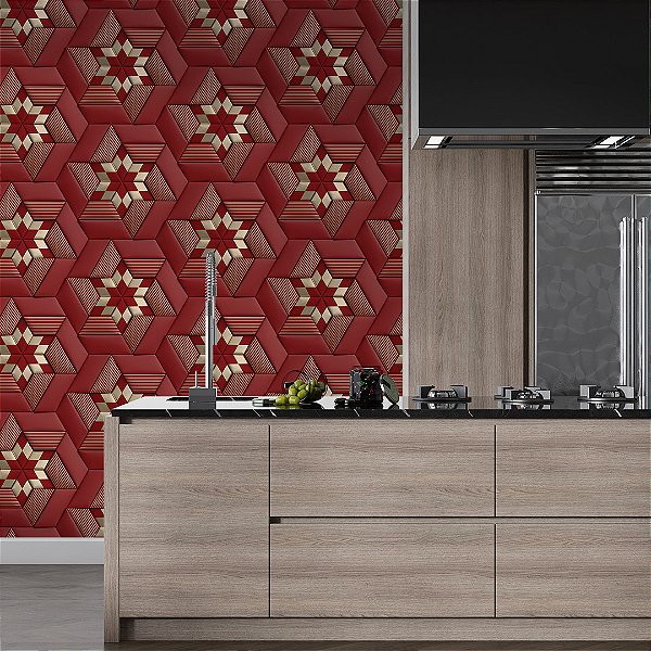 Papel de parede 3D geométrico catavento vermelho detalhe dourado