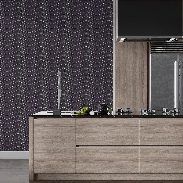 Papel de parede 3D geométrico onda preto detalhe roxo
