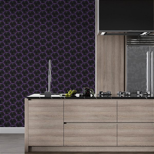 Papel de parede 3D geométrico colméia preto detalhe roxo