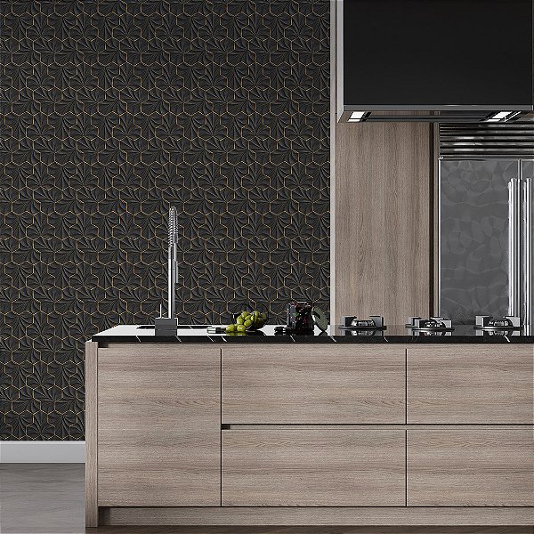 Papel de parede 3D geométrico curvas preto detalhe dourado