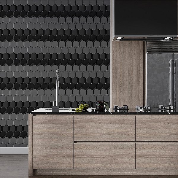 Papel de parede 3D geométrico ladrilho horizontal colméia preto
