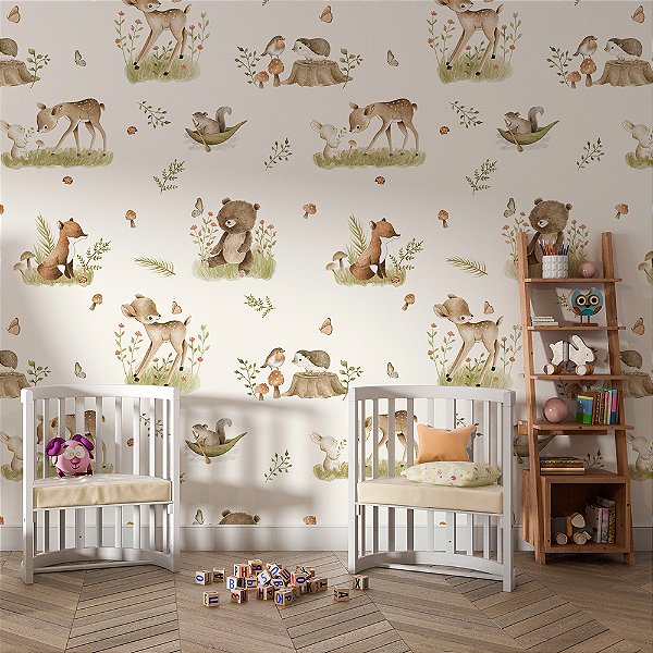 Papel de parede natureza cervo coelho e passarinho brincando
