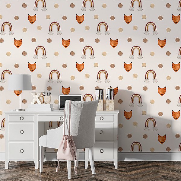Papel de Parede Boho Infantil Raposas e Arco-íris