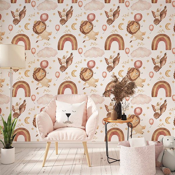 Papel de Parede Boho Infantil Leão e Coelho no Céu com Arco-íris