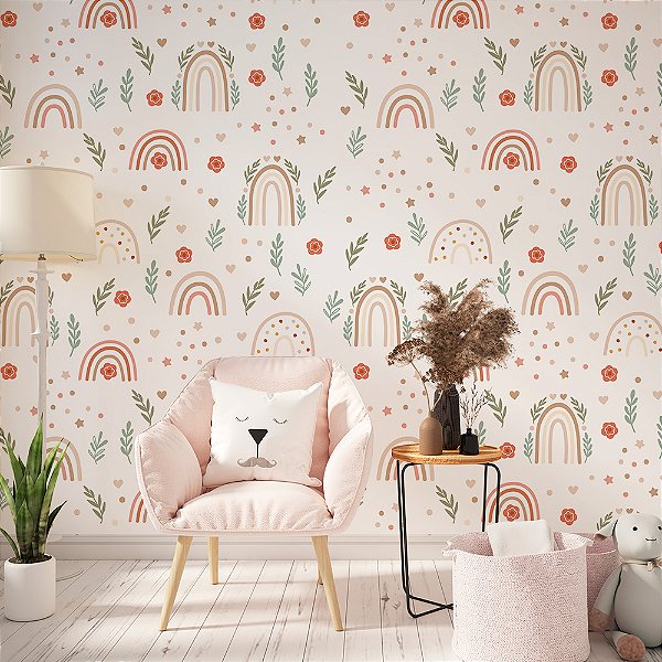 Papel de Parede Boho Infantil Arco-íris e Ramos de Folhas Verdes