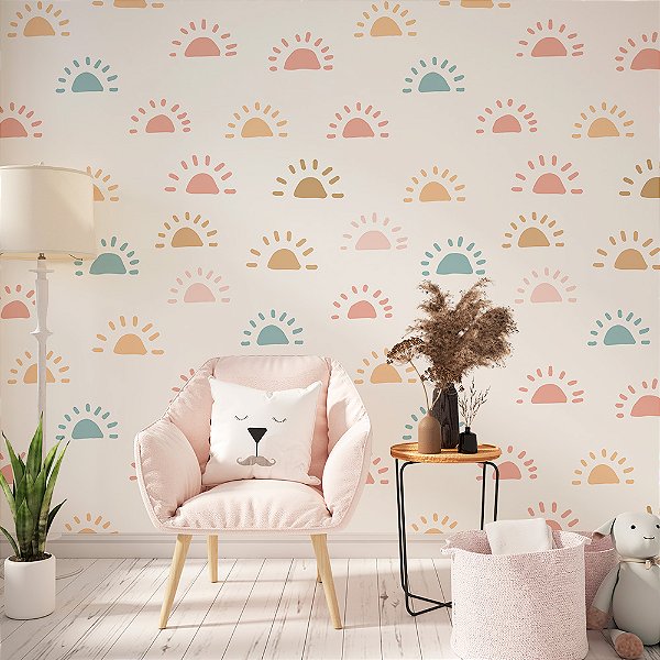 Papel de Parede Boho Infantil Sóis Coloridos e Fundo Branco