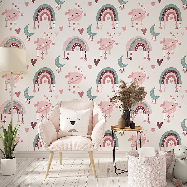 Papel de Parede Boho Infantil Arco-íris e Planetas em Tons de Rosa e Azul