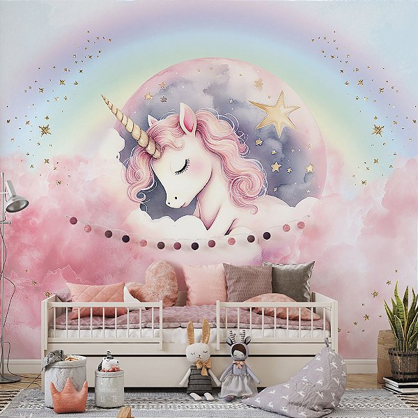 Papel de Parede Unicórnio Rosa com Arco-íris – Decoração Infantil Mágica 🦄✨