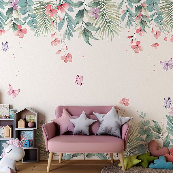 Papel de parede Jardim Encantado de Borboletas Aquarela