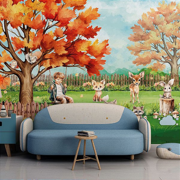 Papel de parede Menino no Jardim Laranja com animais