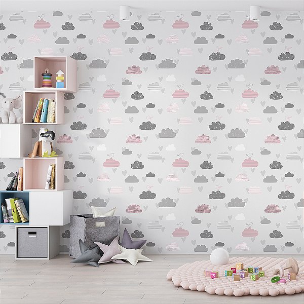 Papel de parede Corações, Nuvens e Passarinhos fofos cinza e rosa