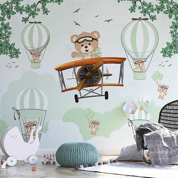 Papel de Parede Infantil Urso Piloto e Balões tons de verde pastel
