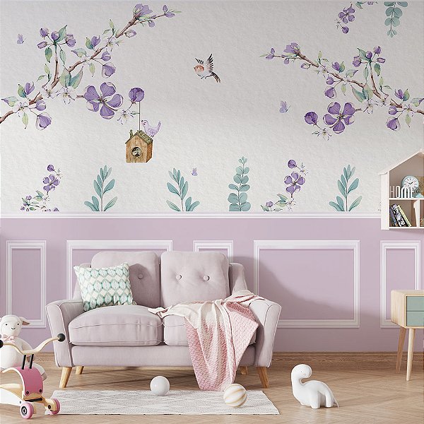 Papel de parede Jardim encantado Lilás AL 02 pássaros flores e borboleta