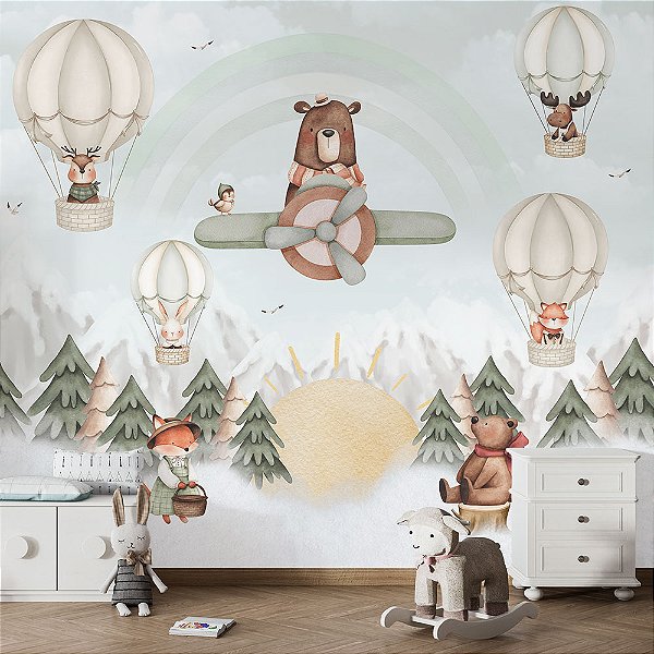 Papel de parede Infantil Urso Aviador com balões verde aquarela
