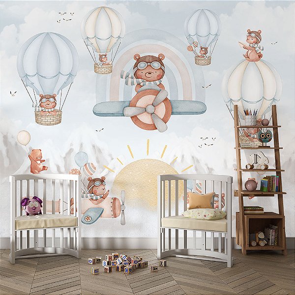 Papel de parede Infantil Urso Aviador com balões azul aquarela