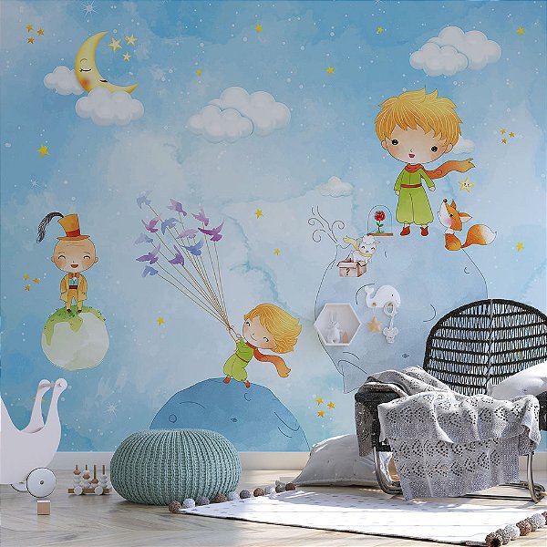 Papel de parede Infantil Pequeno Príncipe fundo azul claro AL 02