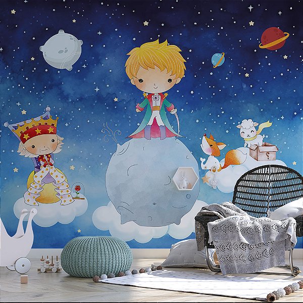 Papel de parede Infantil Pequeno Príncipe na Lua fundo azul escuro AL 03