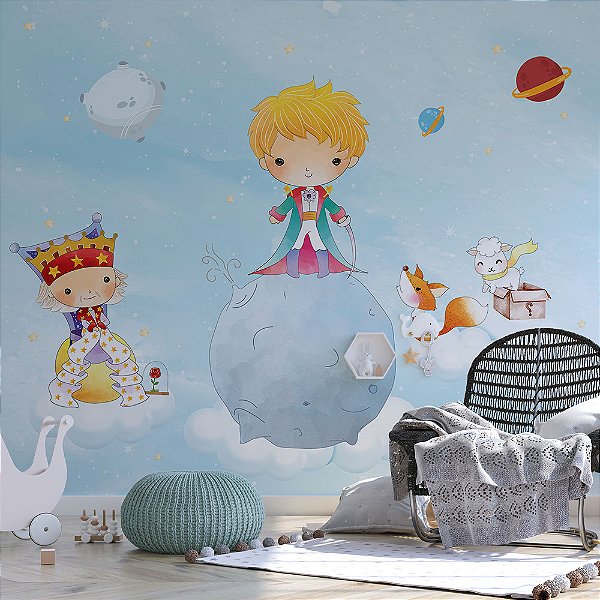 Papel de parede Infantil Pequeno Príncipe na Lua fundo azul claro AL 04