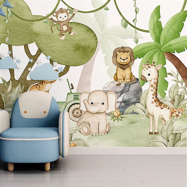 Papel de Parede Infantil Safari Baby em Estilo Aquarela
