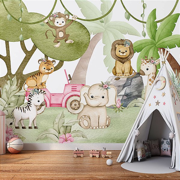 Papel de Parede Infantil Safari Baby Rosa em Estilo Aquarela