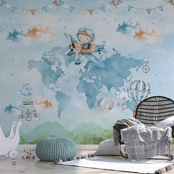Papel de Parede Infantil Mapa Múndi Menino Viajante - Aventura pelo Mundo