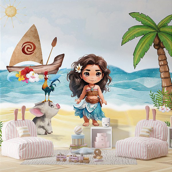 Papel de Parede Infantil Moana Baby Tropical na Ilha
