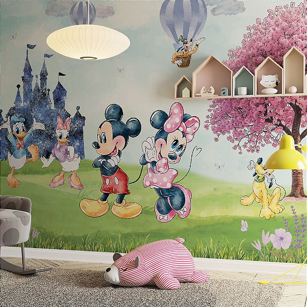 Papel de Parede Infantil Turma do Mickey no Jardim Florido