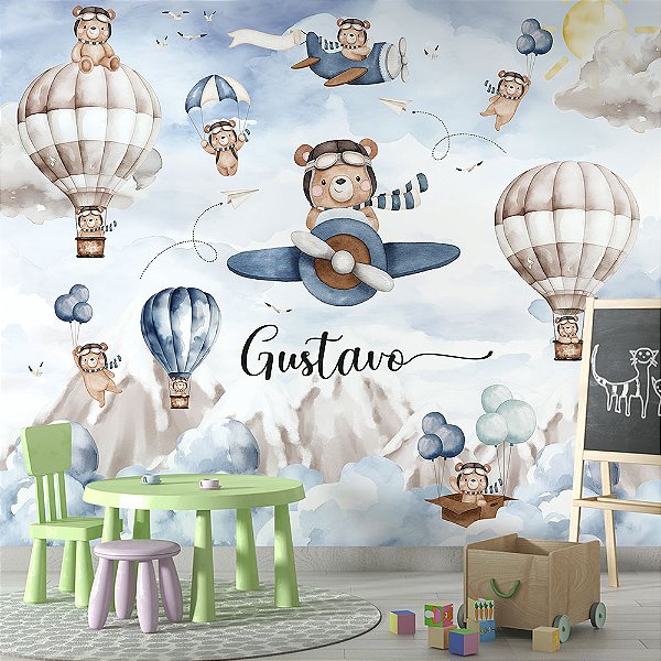 Papel de Parede Infantil Ursinhos Aviadores Aquarela Azul