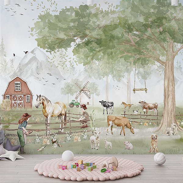 Papel de Parede Infantil Fazendinha Aquarelada