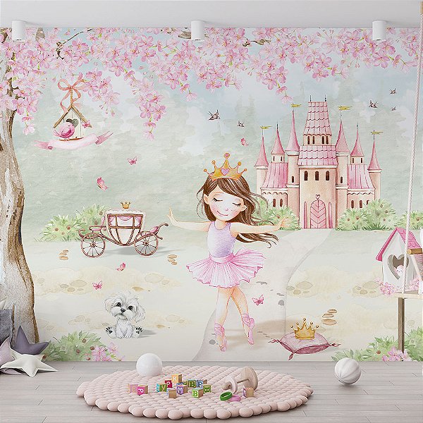 Papel de Parede Menina Bailarina com Castelo e Carruagem