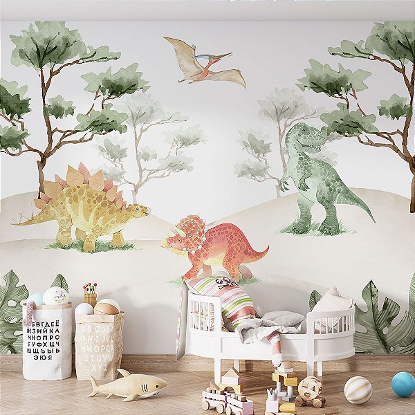 Papel de Parede Infantil Dinossauros Fofinhos na Floresta