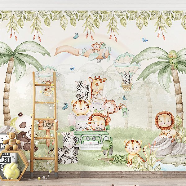 Papel de Parede Infantil Safari Baby com Arco-Íris e Balão