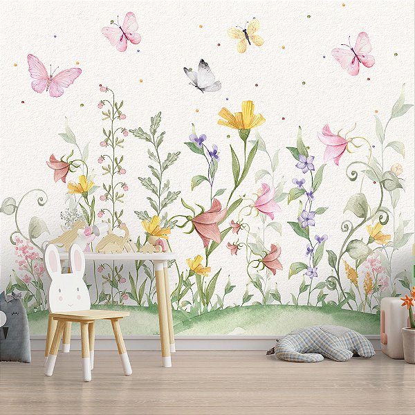 Papel de Parede Infantil Jardim Colorido com Flores e Borboletas em Aquarela