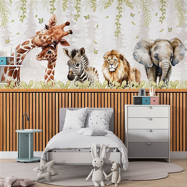 Papel de Parede Infantil Safari com Animais em Aquarela
